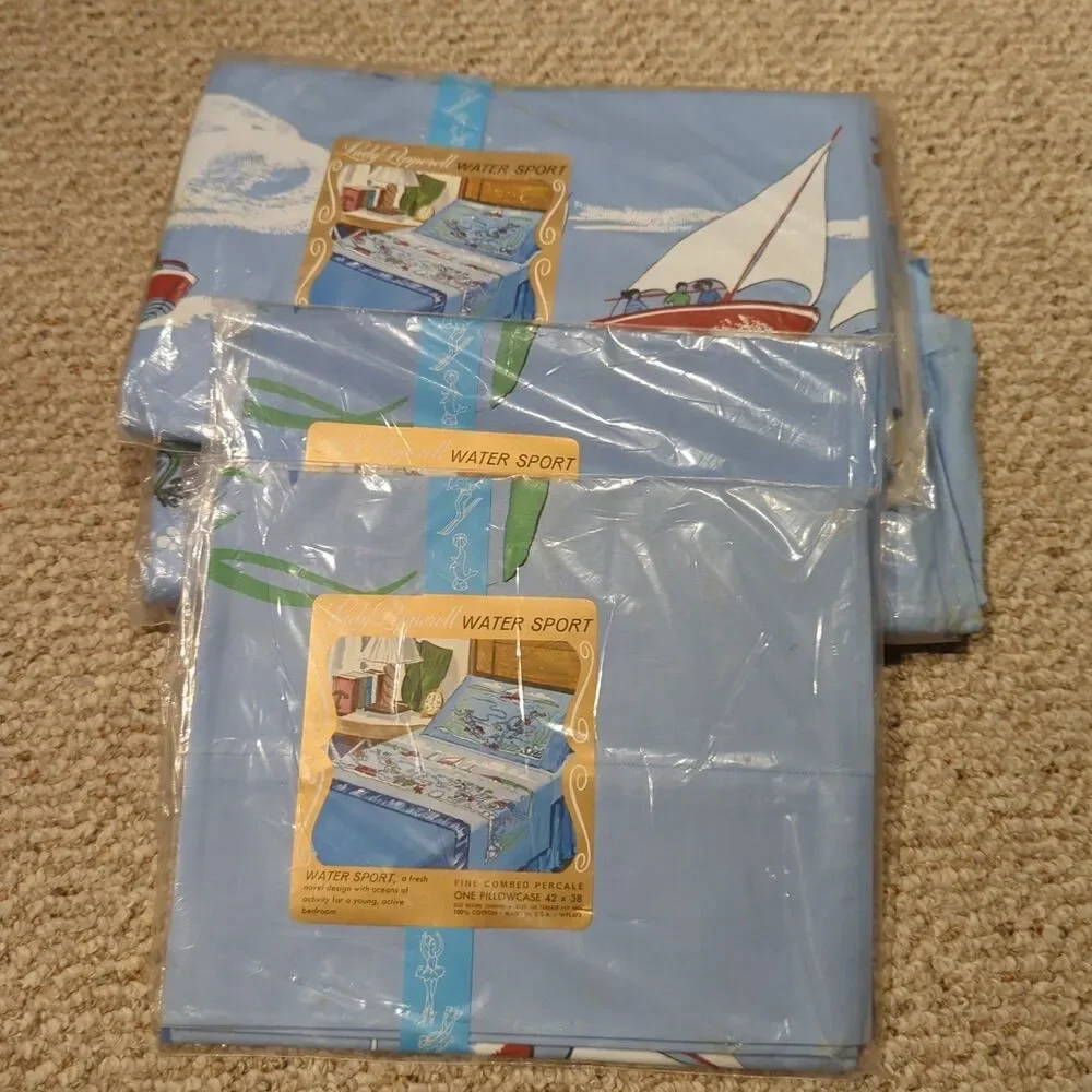 Vintage Lady Pepperell Water Sport Bed Sheets Pillowcase Twin Blue Ocean Dive